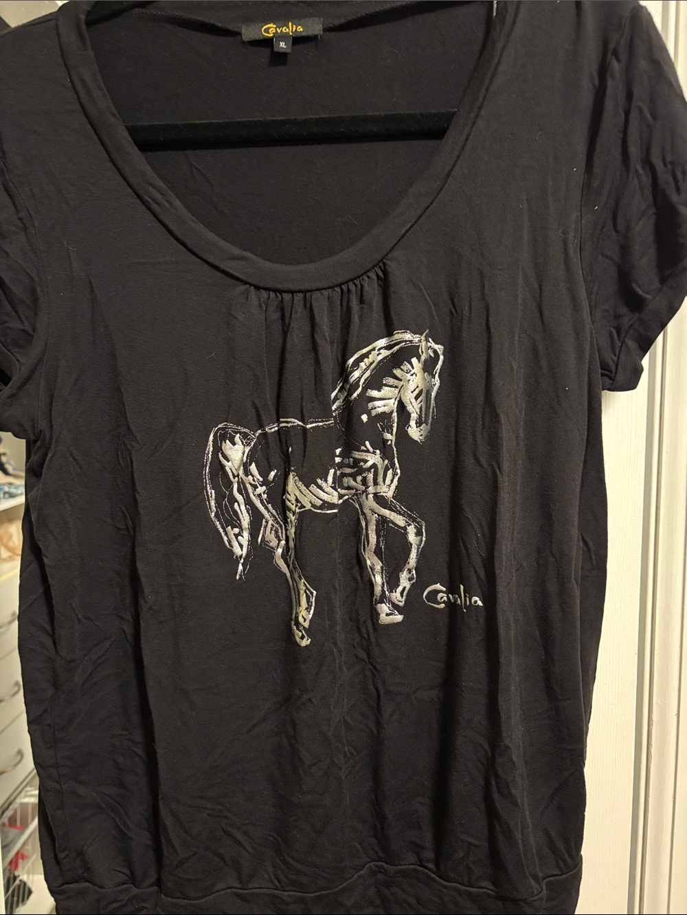 Cavalia Black and Silver Horse Graphic Scoop Neck Top